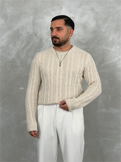Saç Örgü Premium Bisiklet Yaka Sweatshirt Bej