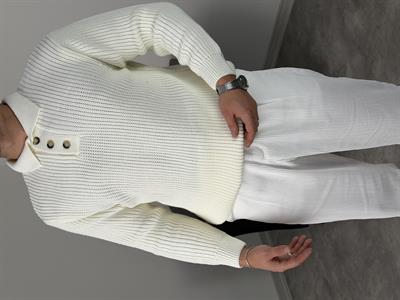 SELANİK KALIN ÖRGÜ DÜĞMELİ TRİKO POLO YAKA BEYAZ