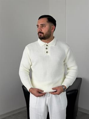 SELANİK KALIN ÖRGÜ DÜĞMELİ TRİKO POLO YAKA BEYAZ
