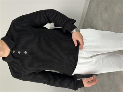 SELANİK KALIN ÖRGÜ DÜĞMELİ TRİKO POLO YAKA SİYAH