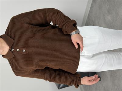 SELANİK KALIN ÖRGÜ DÜĞMELİ TRİKO POLO YAKA ACI KAHVE