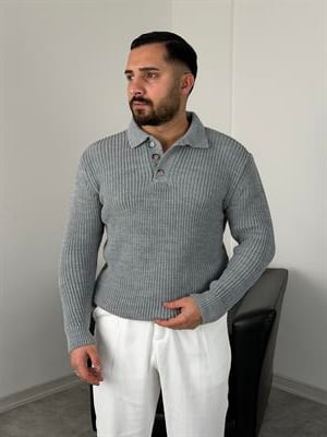 SELANİK KALIN ÖRGÜ DÜĞMELİ TRİKO POLO YAKA GRİ