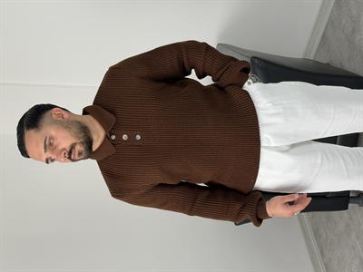 SELANİK KALIN ÖRGÜ DÜĞMELİ TRİKO POLO YAKA ACI KAHVE