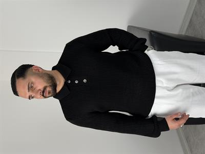 SELANİK KALIN ÖRGÜ DÜĞMELİ TRİKO POLO YAKA SİYAH