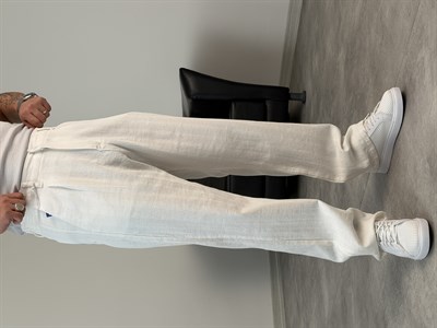 ŞERİT DETAYLI %100 KETEN BAGGY PANTOLON BEYAZ