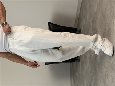 ŞERİT DETAYLI %100 KETEN BAGGY PANTOLON BEYAZ