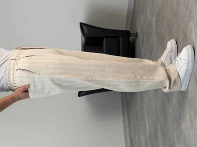 ŞERİT DETAYLI %100 KETEN BAGGY PANTOLON BEJ