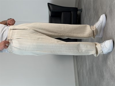 ŞERİT DETAYLI %100 KETEN BAGGY PANTOLON BEJ