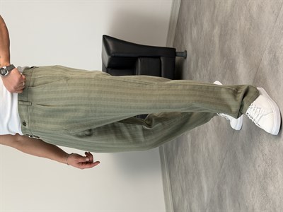 ŞERİT DETAYLI %100 KETEN BAGGY PANTOLON YEŞİL