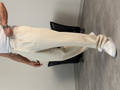 ŞERİT DETAYLI %100 KETEN BAGGY PANTOLON BEJ