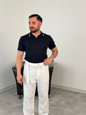 ŞERİT NAKIŞ DETAYLI TRİKO POLO YAKA TİŞÖRT LACİVERT