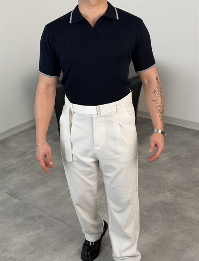 ŞERİT NAKIŞ DETAYLI TRİKO POLO YAKA TİŞÖRT LACİVERT