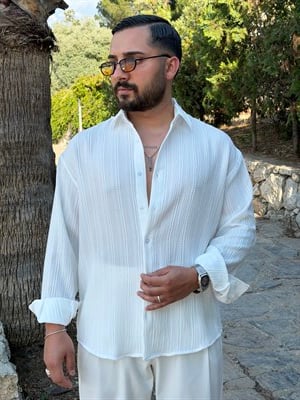 ŞERİT NAKIŞLI UZUNKOL KETEN GÖMLEK BEYAZ