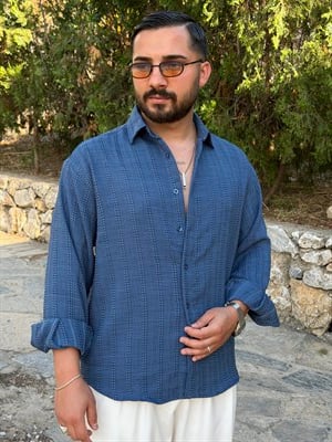 ŞERİT NAKIŞLI UZUNKOL KETEN GÖMLEK İNDİGO