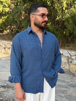 ŞERİT NAKIŞLI UZUNKOL KETEN GÖMLEK İNDİGO