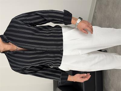 TENSEL KUMAŞ ÇİZGİLİ UZUNKOL GÖMLEK SİYAH