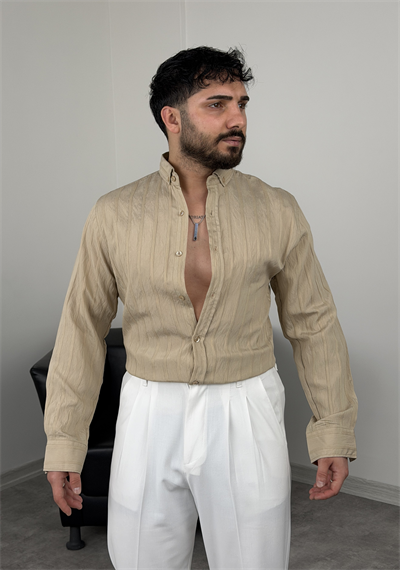 TENSEL KUMAŞ SLİMFİT KALIN ÇİZGİLİ UZUNKOL GÖMLEK BEJ