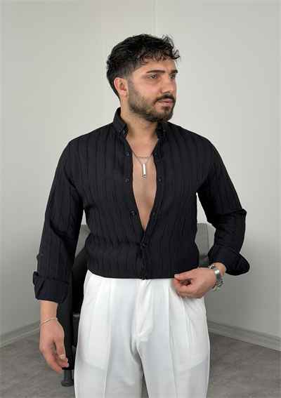 TENSEL KUMAŞ SLİMFİT KALIN ÇİZGİLİ UZUNKOL GÖMLEK SİYAH