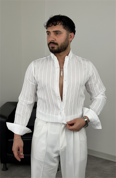 TENSEL KUMAŞ SLİMFİT KALIN ÇİZGİLİ UZUNKOL GÖMLEK BEYAZ
