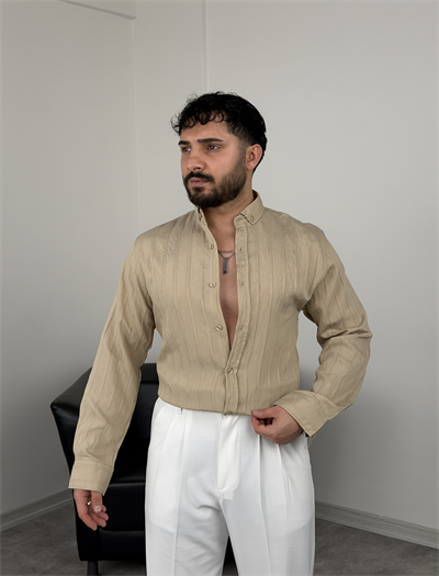 TENSEL KUMAŞ SLİMFİT KALIN ÇİZGİLİ UZUNKOL GÖMLEK BEJ