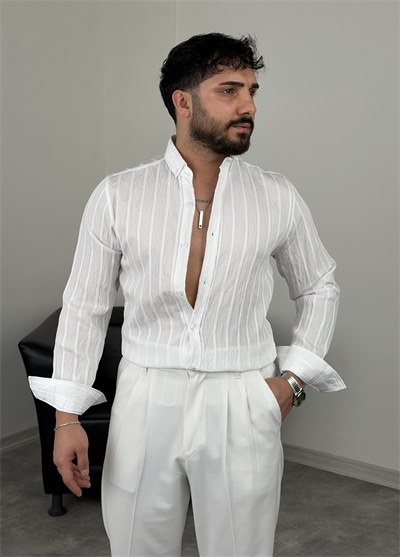 TENSEL KUMAŞ SLİMFİT KALIN ÇİZGİLİ UZUNKOL GÖMLEK BEYAZ