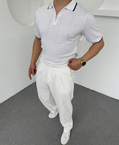 TLB Yarım Fermuar Triko Tişört Beyaz