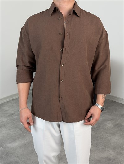 VK %100 UZUNKOL KETEN GÖMLEK ACI KAHVE