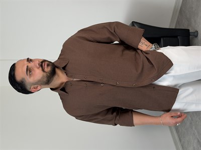 VK %100 UZUNKOL KETEN GÖMLEK ACI KAHVE