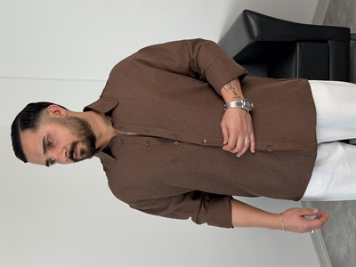 VK %100 UZUNKOL KETEN GÖMLEK ACI KAHVE