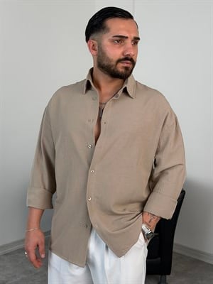 VK %100 UZUNKOL KETEN GÖMLEK BEJ