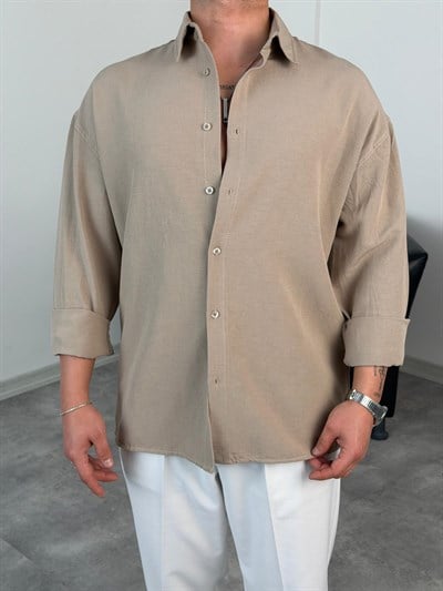 VK %100 UZUNKOL KETEN GÖMLEK BEJ