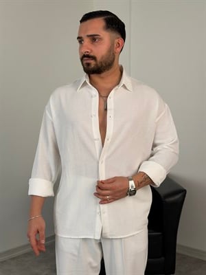 VK %100 UZUNKOL KETEN GÖMLEK BEYAZ