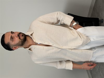 VK %100 UZUNKOL KETEN GÖMLEK KIRÇILLI BEYAZ