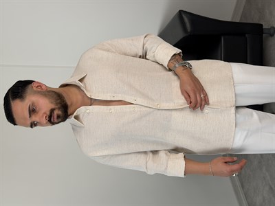 VK %100 UZUNKOL KETEN GÖMLEK KIRÇILLI BEYAZ