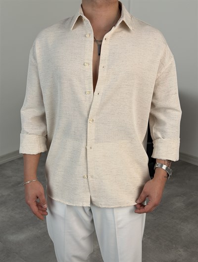 VK %100 UZUNKOL KETEN GÖMLEK KIRÇILLI BEYAZ