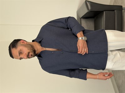 VK %100 UZUNKOL KETEN GÖMLEK LACİVERT