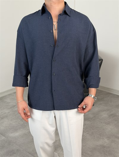 VK %100 UZUNKOL KETEN GÖMLEK LACİVERT