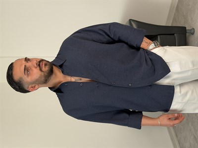 VK %100 UZUNKOL KETEN GÖMLEK LACİVERT