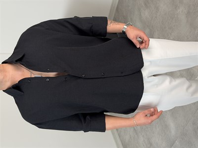 VK %100 UZUNKOL KETEN GÖMLEK SİYAH