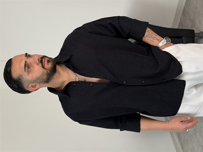 VK %100 UZUNKOL KETEN GÖMLEK SİYAH