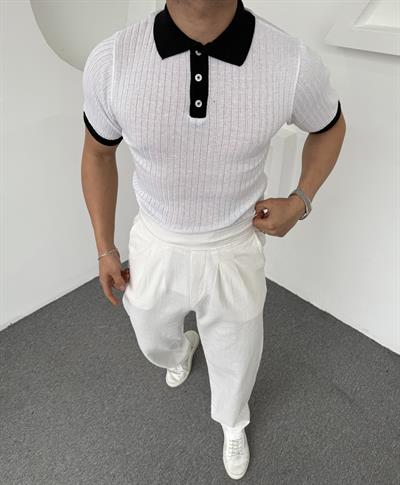 Yaka Renkli Triko Polo Yaka Beyaz