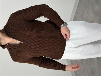 YARIM FERMUAR SAÇ ÖRGÜ PREMİUM TRİKO SWEATSHİRT KAHVERENGİ