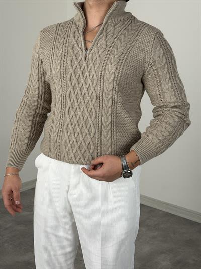 YARIM FERMUAR SAÇ ÖRGÜ PREMİUM TRİKO SWEATSHİRT BEJ