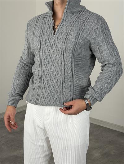 YARIM FERMUAR SAÇ ÖRGÜ PREMİUM TRİKO SWEATSHİRT GRİ