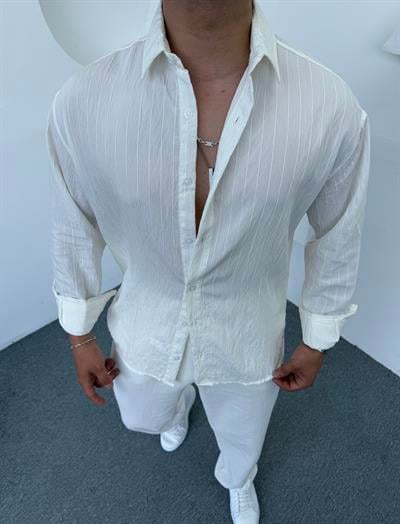 Yıkamalı Keten Gömlek Beyaz