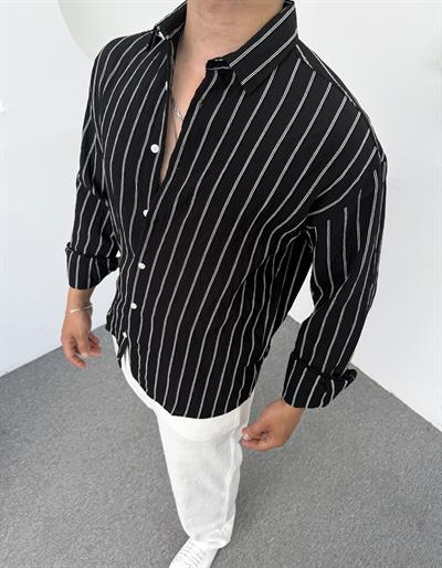 Yıkamalı Keten Gömlek Siyah