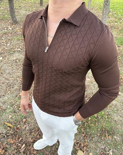 Z desen triko yarım fermuar ACI KAHVE