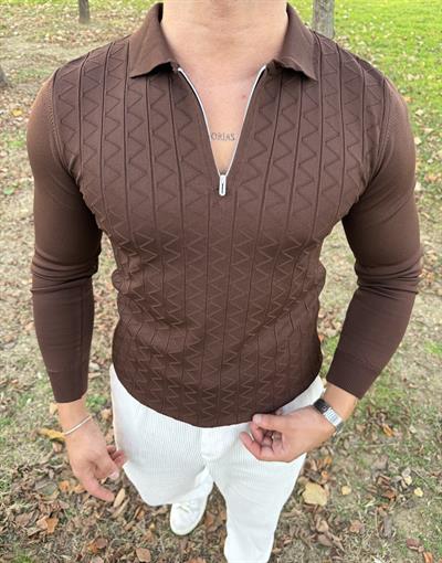 Z desen triko yarım fermuar ACI KAHVE