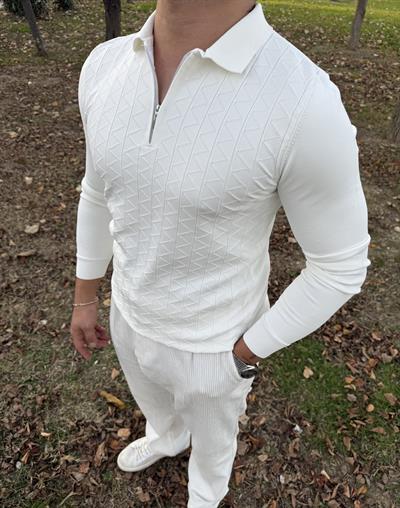 Z desen triko yarım fermuar BEYAZ