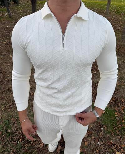 Z desen triko yarım fermuar BEYAZ